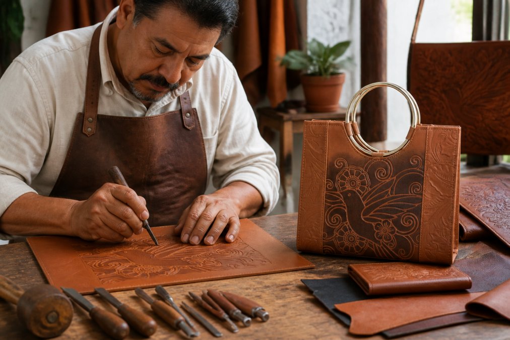 Artisan craftsperson's hands carefully tooling intricate floral patterns into leather using traditional hand tools in a natural-light Mexican workshop, with leather scraps and completed pieces visible on the wooden workbench