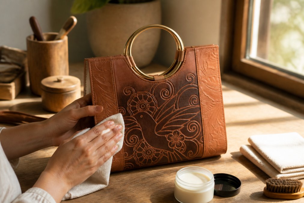 Hands gently applying conditioning cream to a vegan leather bag using a soft microfiber cloth, with the bag resting on a wooden surface and natural window light illuminating the care process