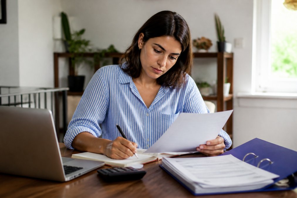 Person sitting at desk reviewing legal documents with laptop, taking notes with focused expression in bright home office setting
