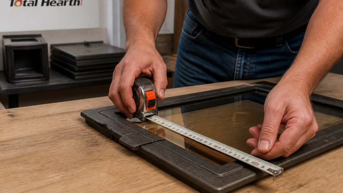 Diagram demonstrating the correct method for measuring stove glass frames with a metal tape measure