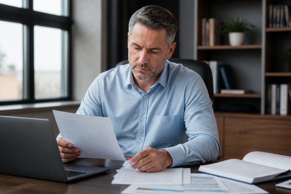 Middle-aged man in business casual attire sitting at desk with laptop, reviewing health data and lab results with focused expression in modern office setting with natural lighting