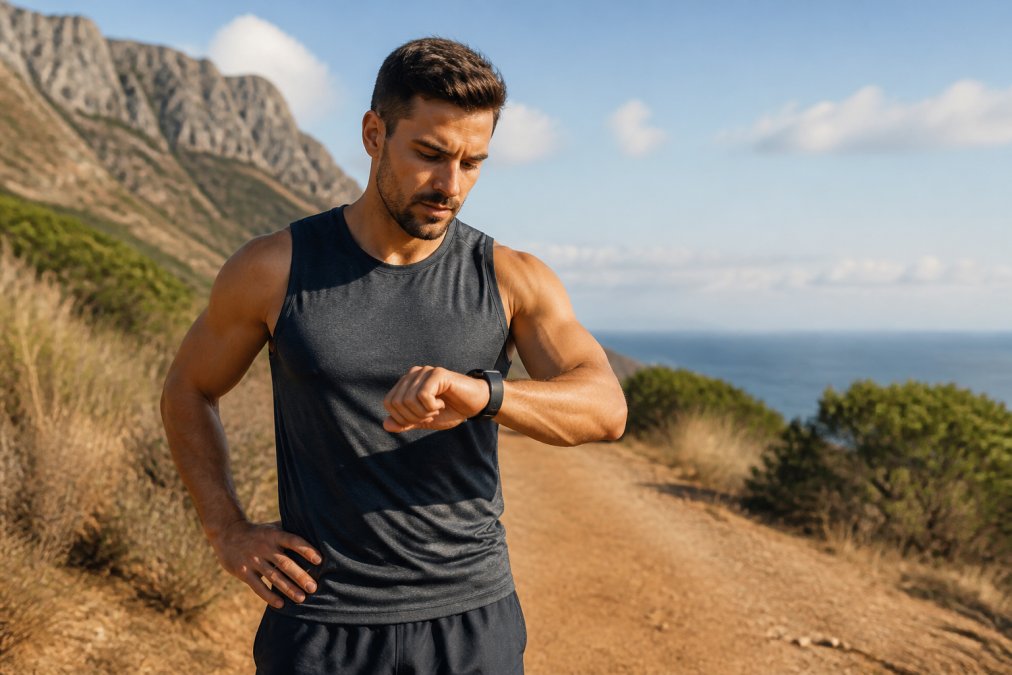 Fit man in athletic wear checking watch during outdoor workout, demonstrating sustained fitness and healthy lifestyle habits with natural outdoor lighting