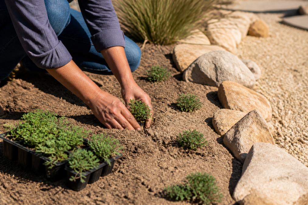Hands planting creeping thyme in sandy soil as alternatives to natural grass for dry climates 2026.