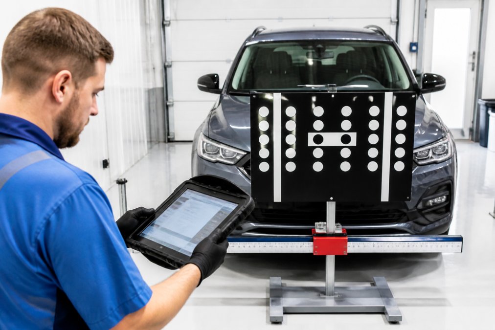 A technician in a blue uniform using a diagnostic tablet to align a calibration target in front of a modern car's windshield inside a well-lit garage bay