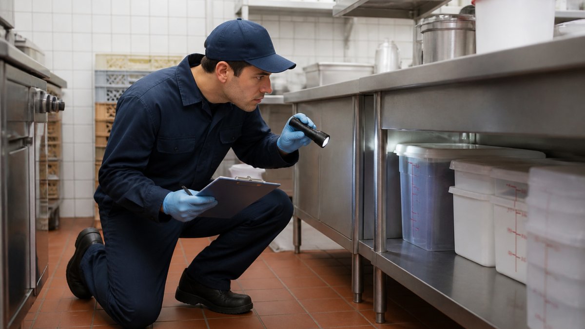 Technician performing a commercial pest control inspection in a kitchen using a flashlight and clipboard