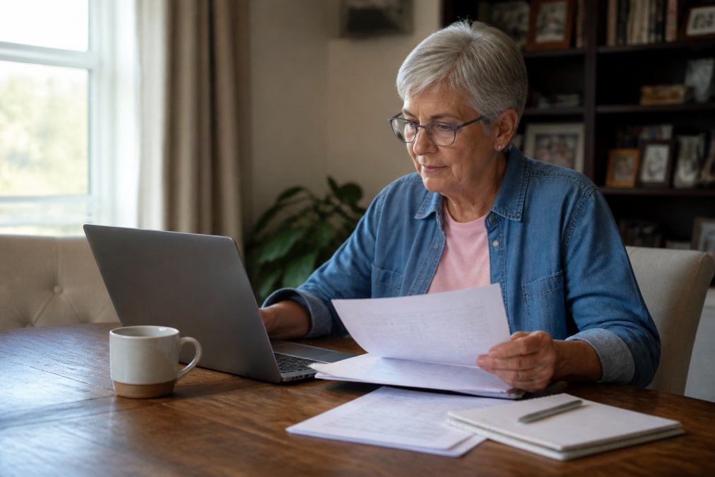 Senior at home reviewing Medicare prescription drug plan options on laptop, comparing documents with coffee cup on wooden desk, natural daylight from window