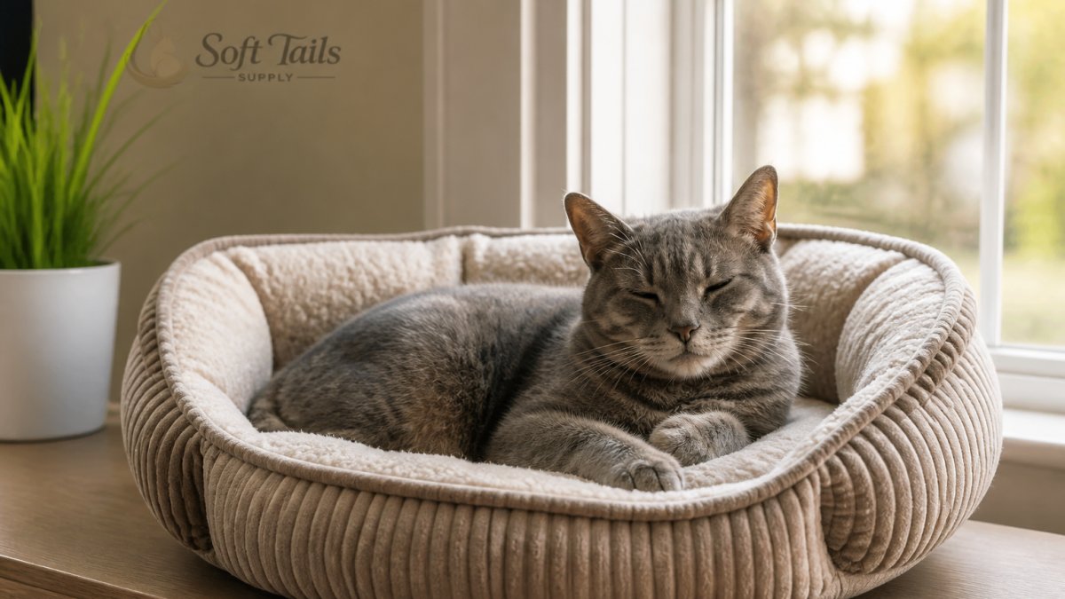 Senior gray cat resting peacefully on a plush bed with raised sides by a sunny window
