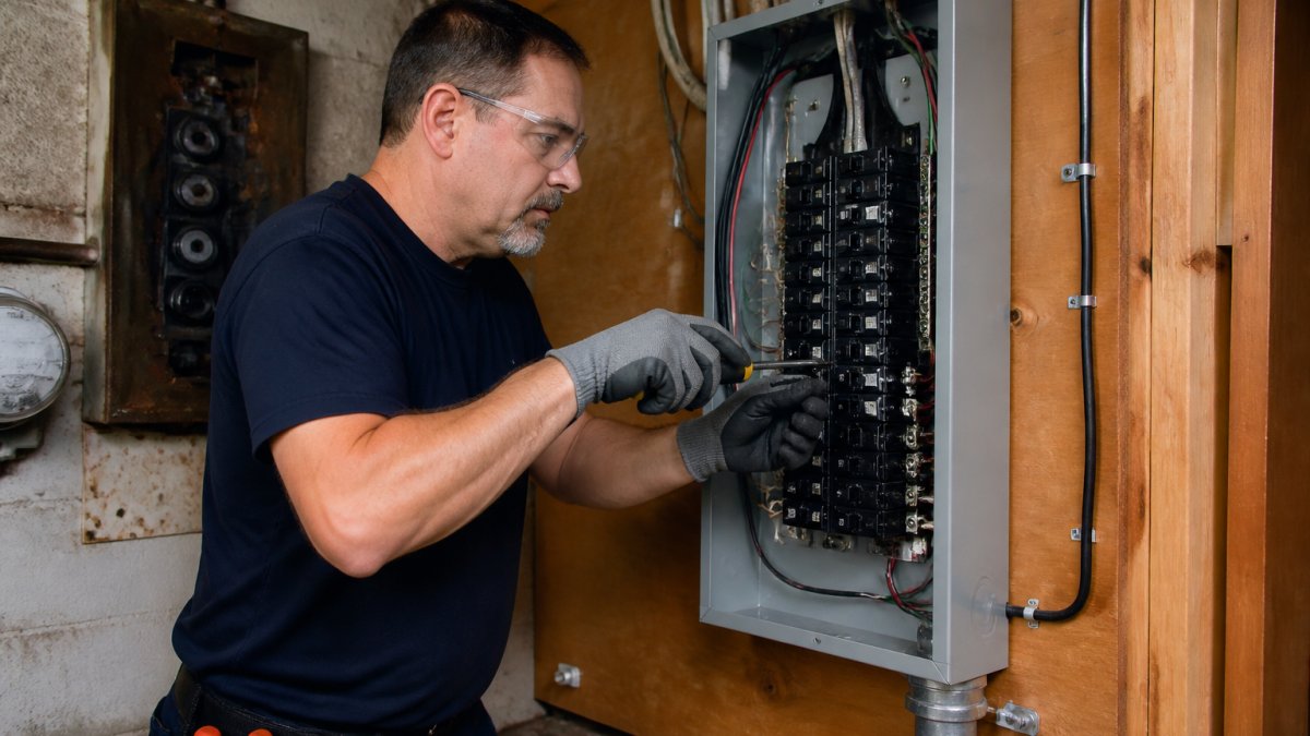 A licensed electrician in work clothes and safety glasses carefully installing a new circuit breaker panel in a residential utility room, with tools and labeled wires visible