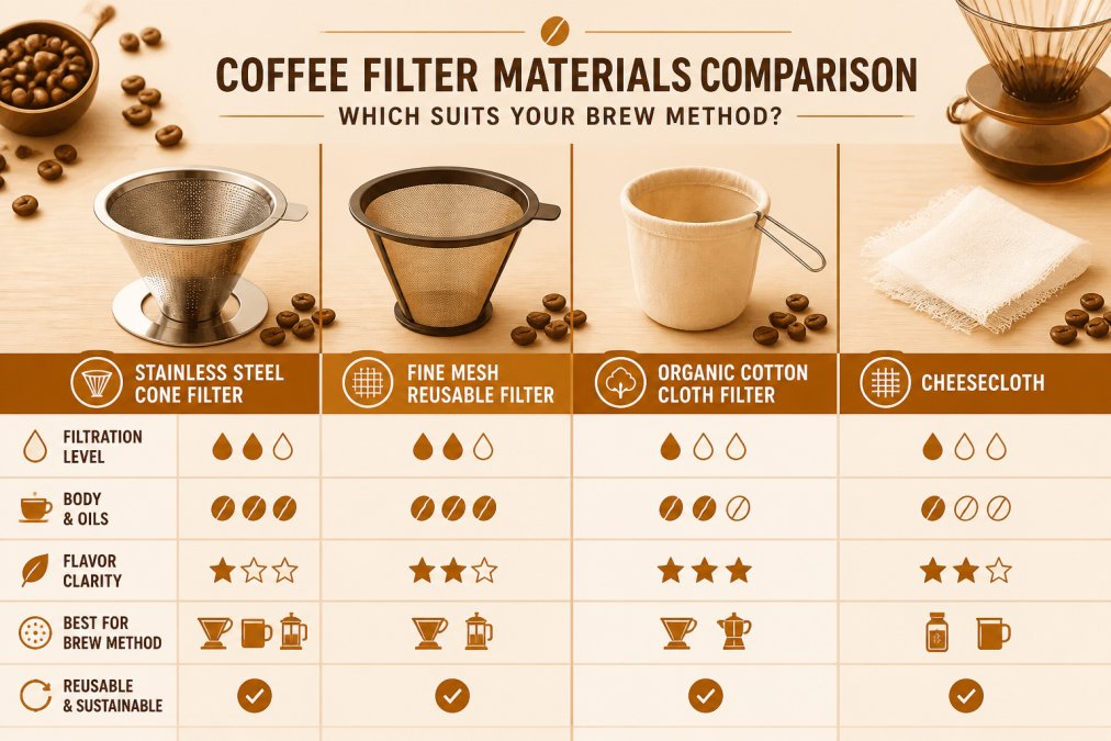 Flat lay arrangement showing different coffee filter materials side-by-side: polished stainless steel cone filter, fine mesh reusable filter, organic cotton cloth filter, and white cheesecloth on a light wooden surface with freshly roasted coffee beans scattered nearby and a pour-over dripper in the background