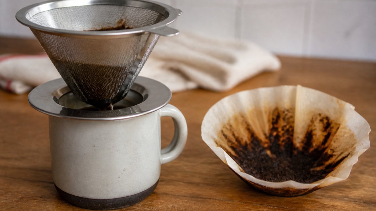 Close-up of a stainless-steel mesh coffee filter cone sitting on a mug, with coffee dripping through and a used paper filter beside it for comparison