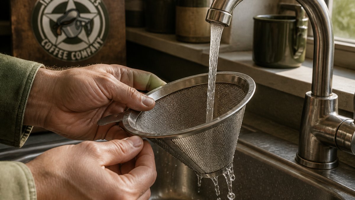 Close-up of a stainless steel mesh coffee filter being rinsed under a kitchen faucet, water droplets visible on the fine-gauge mesh, bright kitchen lighting
