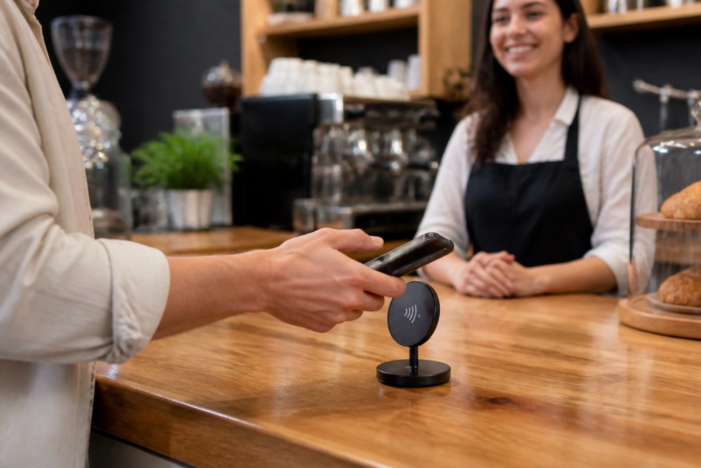 Close-up of a customer's hand tapping a smartphone on a small NFC review stand placed on a cafe counter, with a barista smiling in the background