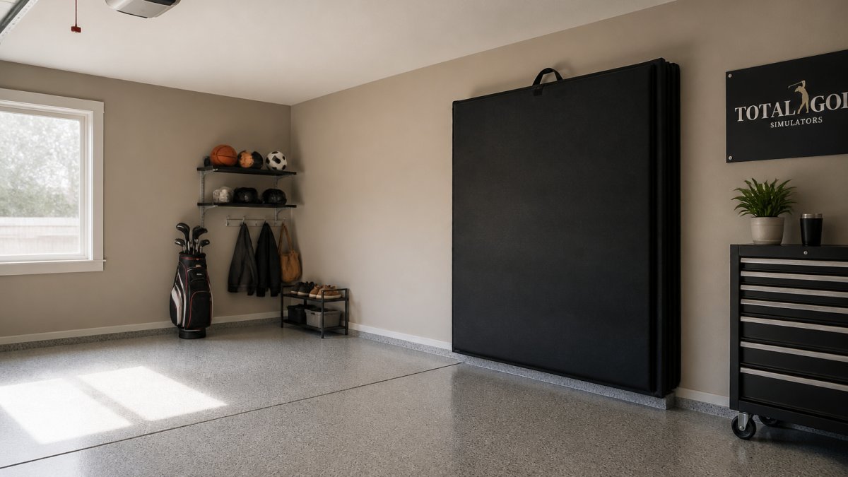 Diagram showing the transformation of a garage from a golf simulator setup to an open, multi-use storage space.