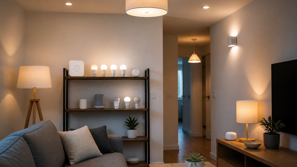 Modern living room with ceiling lights and table lamps showing both hub-based smart bulbs on a shelf and hubless wireless smart lighting installations