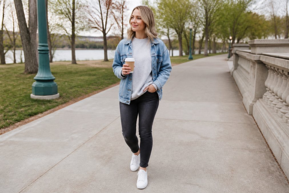 Woman wearing a faith-inspired sweatshirt styled with dark jeans and white sneakers, layered with a denim jacket, photographed in natural outdoor lighting showing a modern casual outfit