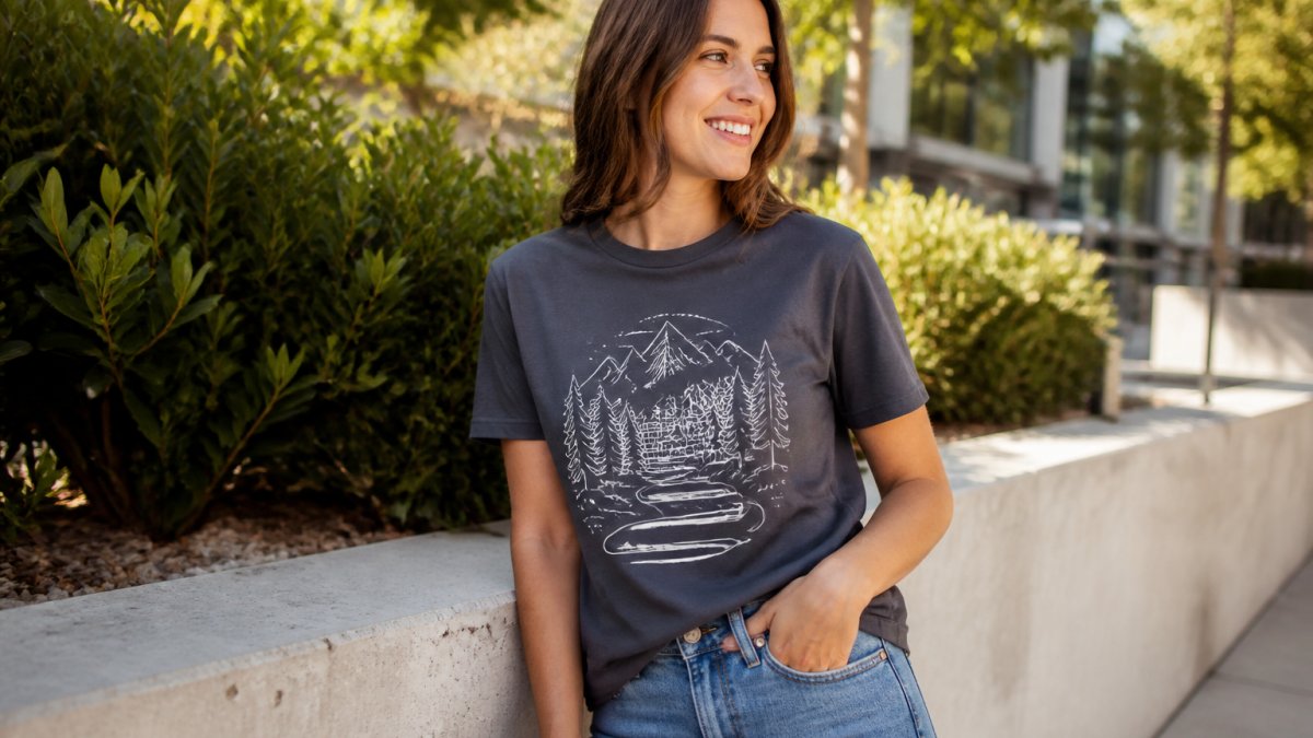A person wearing a soft graphic tee and jeans in a relaxed outdoor setting, natural afternoon light, casual everyday look