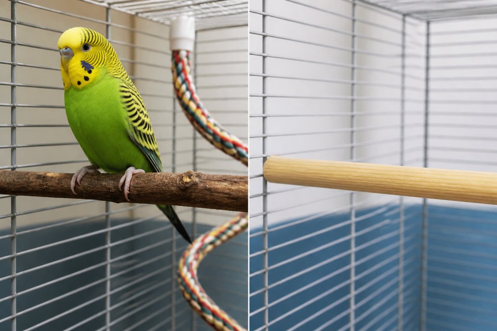 A close-up photograph of a parakeet perched on a natural hardwood branch inside a clean cage, with visible wood grain texture and a second rope perch in the background