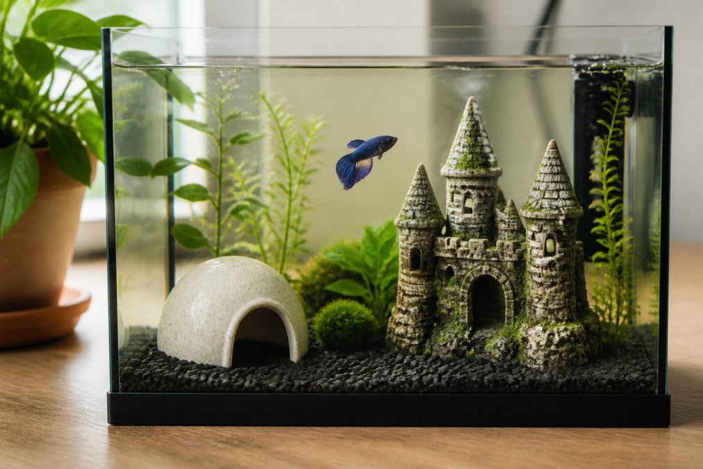 A close-up photo of a small fish tank on a wooden desk, featuring a ceramic shrimp cave and a resin castle ornament, with a small fish swimming nearby. Natural light from a window illuminates the tank.