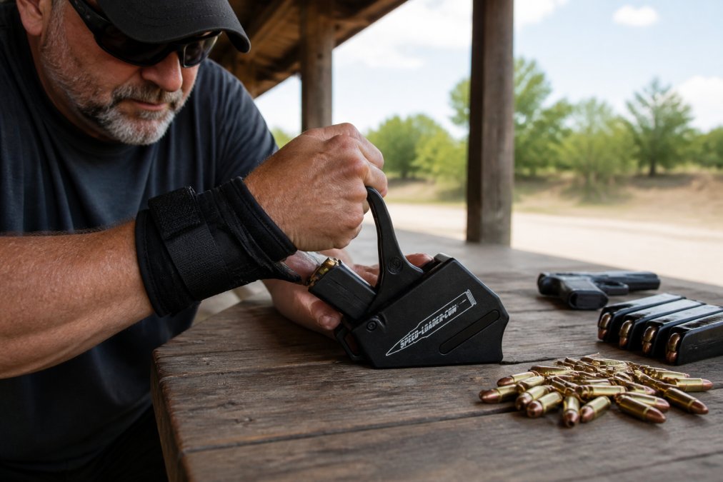 A competitive shooter with visible grip strength challenges loading magazines efficiently using a tactical speed loader at a shooting bench with natural lighting