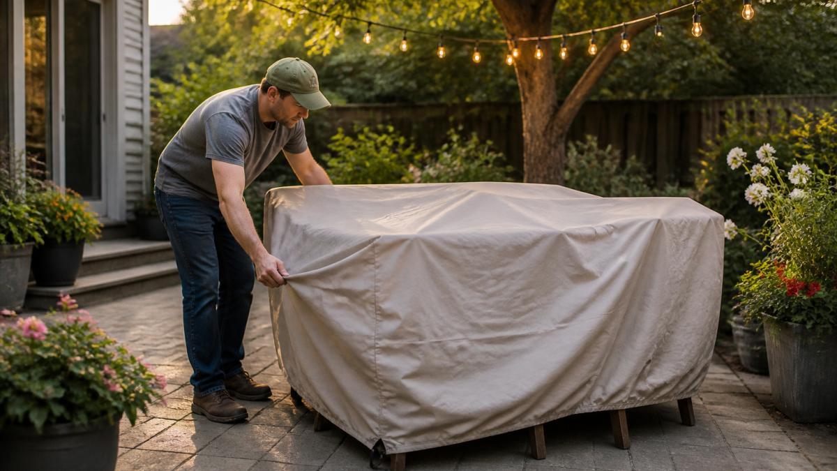 A homeowner covering a wooden patio dining set with a fitted weatherproof cover on a residential back patio, potted plants and string lights nearby, late afternoon light