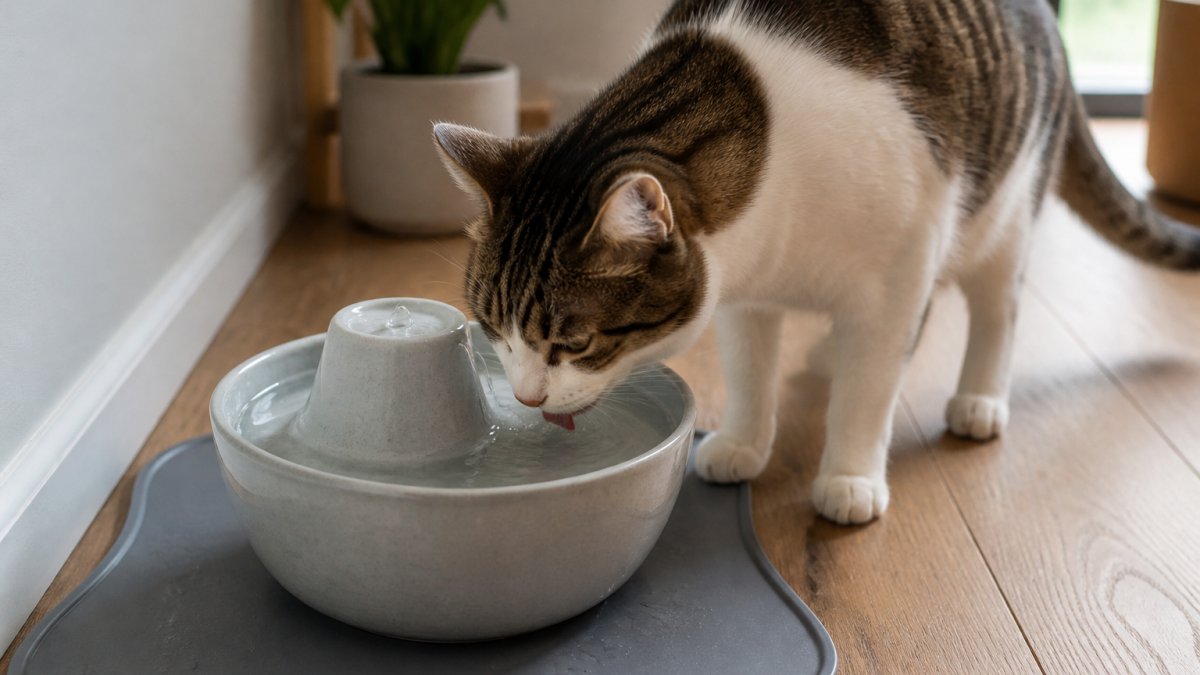 Cat drinking from a ceramic water fountain on a silicone mat, showing the fountain's glazed surface and the cat's comfortable drinking posture in natural home lighting