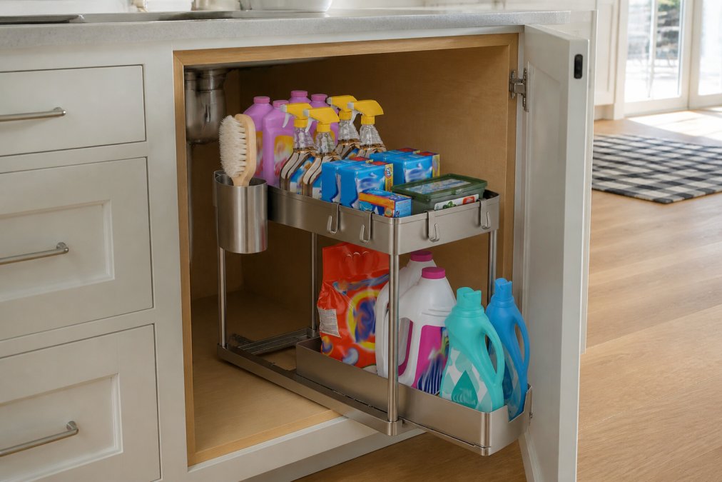 Modern kitchen sink area with a stainless steel pull-out organizer installed under the cabinet, showing clean metal shelving with cleaning supplies neatly arranged and natural light illuminating the organized space
