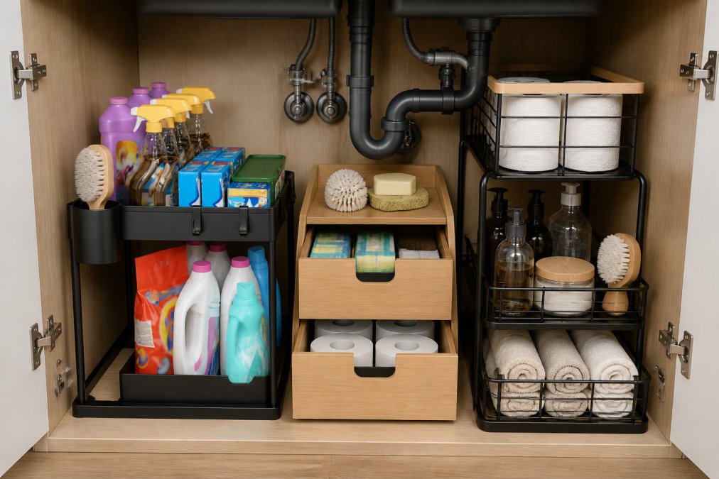 An organized under-sink cabinet featuring multiple storage solutions including bamboo organizers and metal racks arranged around plumbing fixtures, demonstrating proper space use and moisture-resistant material choices