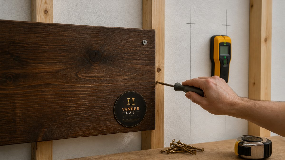 Close-up of a wooden sign being secured to wall studs with wood screws, stud finder resting on the wall surface, and visible pencil marks indicating stud locations