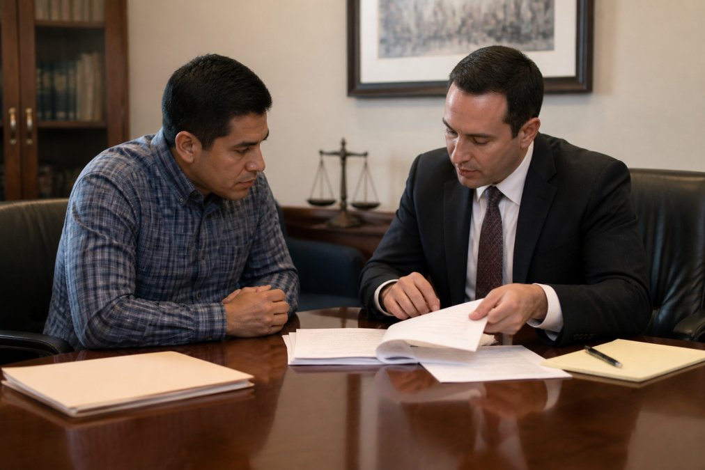 Attorney and client reviewing documents to build a defense strategy for domestic battery charges