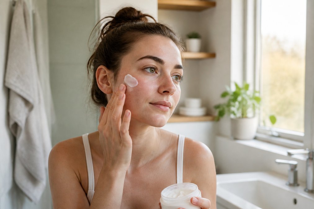 Person with sensitive skin gently applying fragrance-free moisturizer to their cheek in a bright bathroom