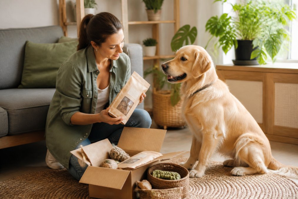 A pet owner in a bright living room examining eco-friendly pet product packaging, with a golden retriever sitting attentively nearby on a woven rug