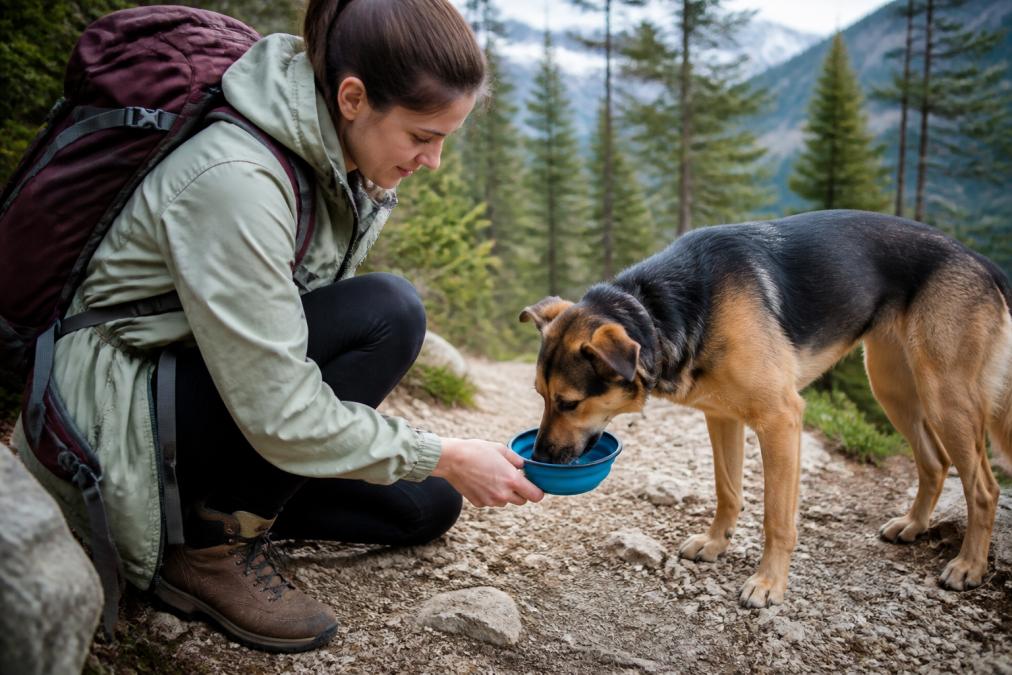 A hiker crouching on a rocky trail holding a collapsible silicone bowl filled with water while a medium-sized dog drinks from it, pine trees and a daypack visible in the background