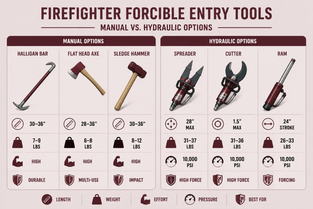 Firefighter reaching for a Halligan bar and axe used for forcible entry on a fire engine bumper