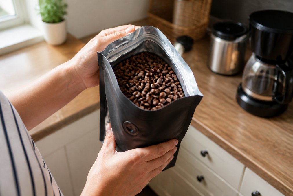 Hands holding a bag of shiny, fresh whole coffee beans in a sunlit kitchen setting