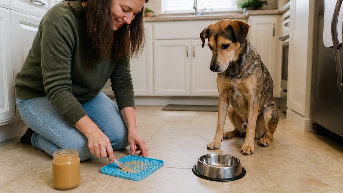 A dog parent kneeling on a kitchen floor spreading peanut butter into a blue silicone lick mat while a medium-sized rescue dog waits calmly beside a food bowl