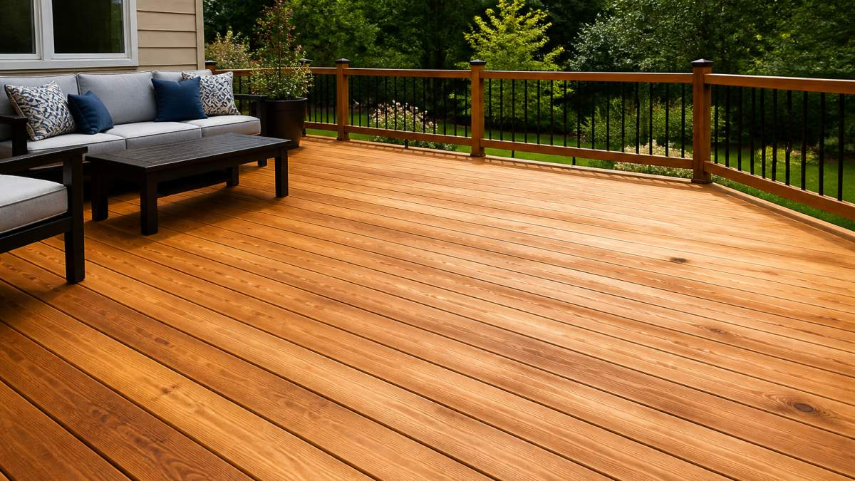 Newly built cedar deck with warm honey-colored boards showing natural grain detail, outdoor furniture on the deck, landscaping visible in background with natural afternoon lighting