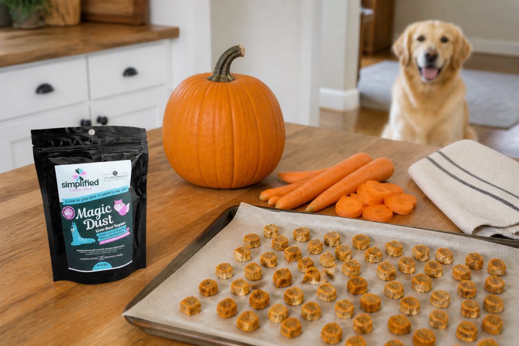 Overhead shot of a wooden kitchen counter with fresh whole pumpkin, sliced carrots, and small portioned treat pieces cooling on parchment paper, with a golden retriever sitting patiently in the soft background