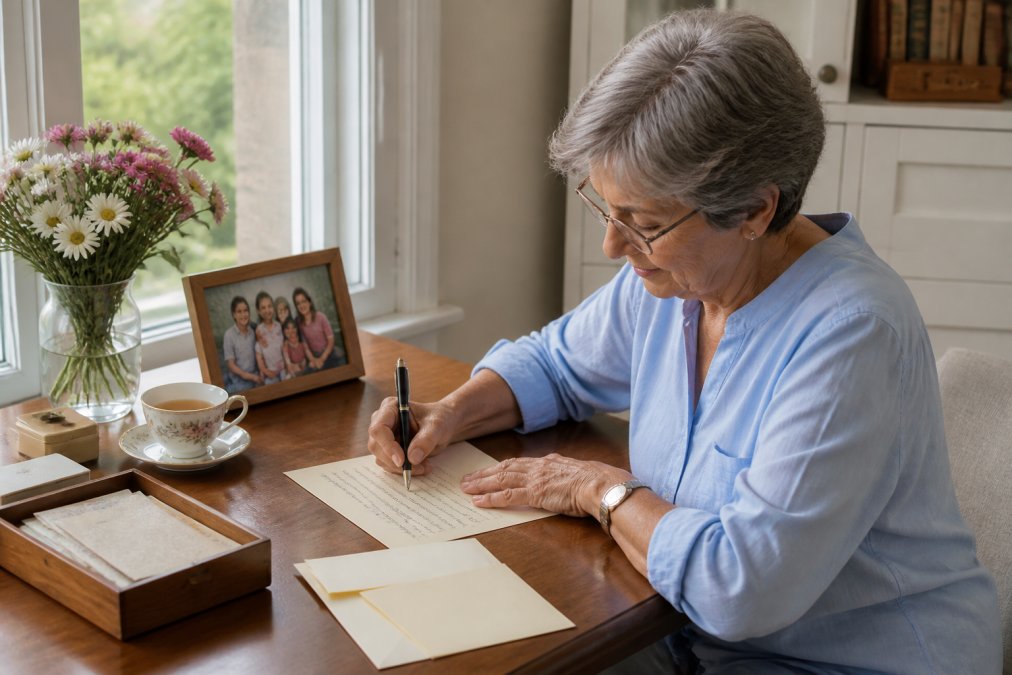 An older woman writes a legacy letter on stationery, a task often guided by legacy consultants to preserve family memories.