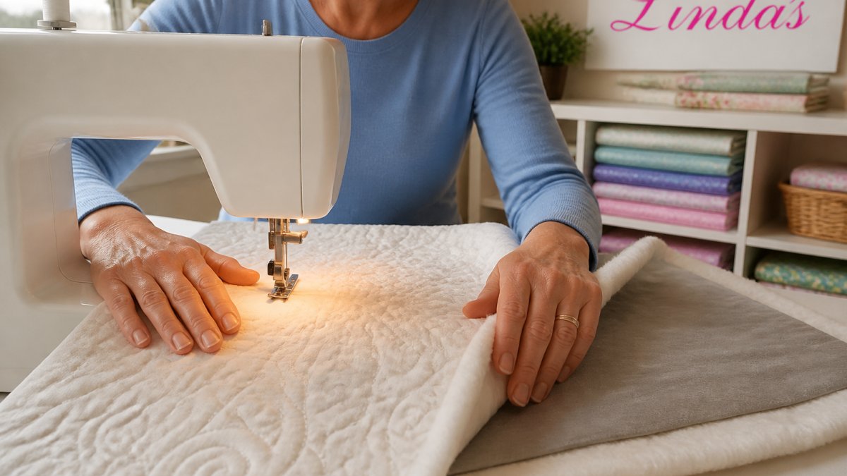 Hands guiding a quilt sandwich (layered quilt top, batting, and backing fabric) through a domestic sewing machine, with the presser foot visible and stitching in progress on a light-colored quilt