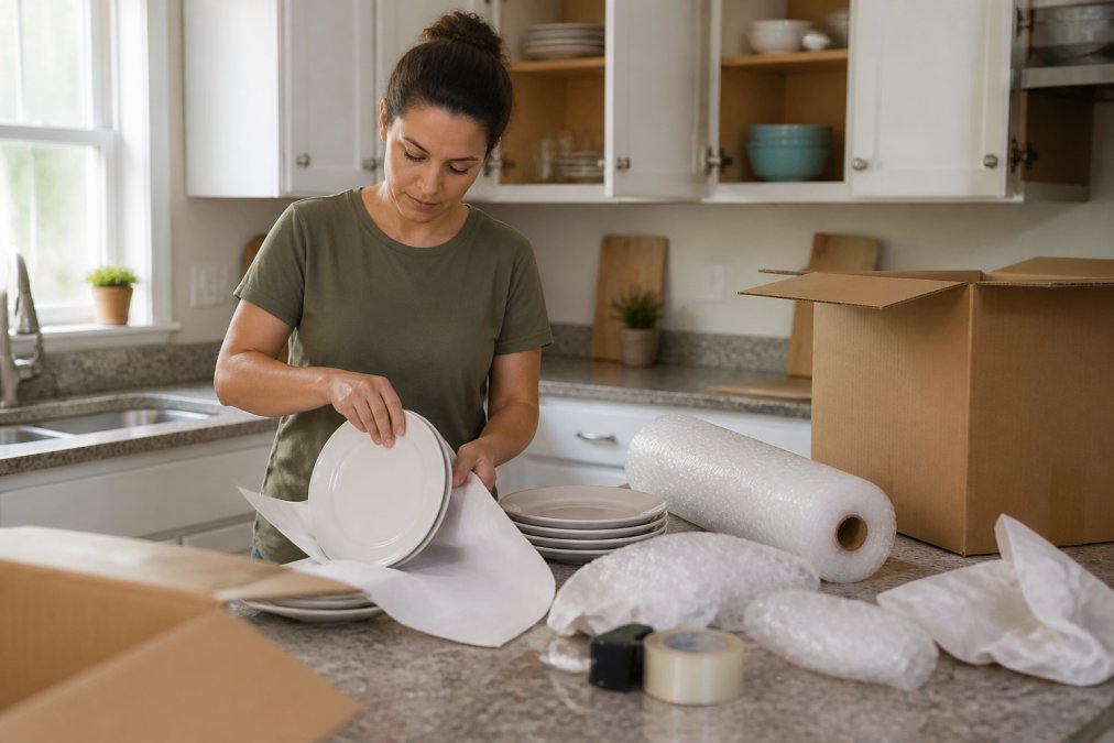 Person wrapping ceramic plates in paper to avoid needing expensive packing services while moving kitchen items.