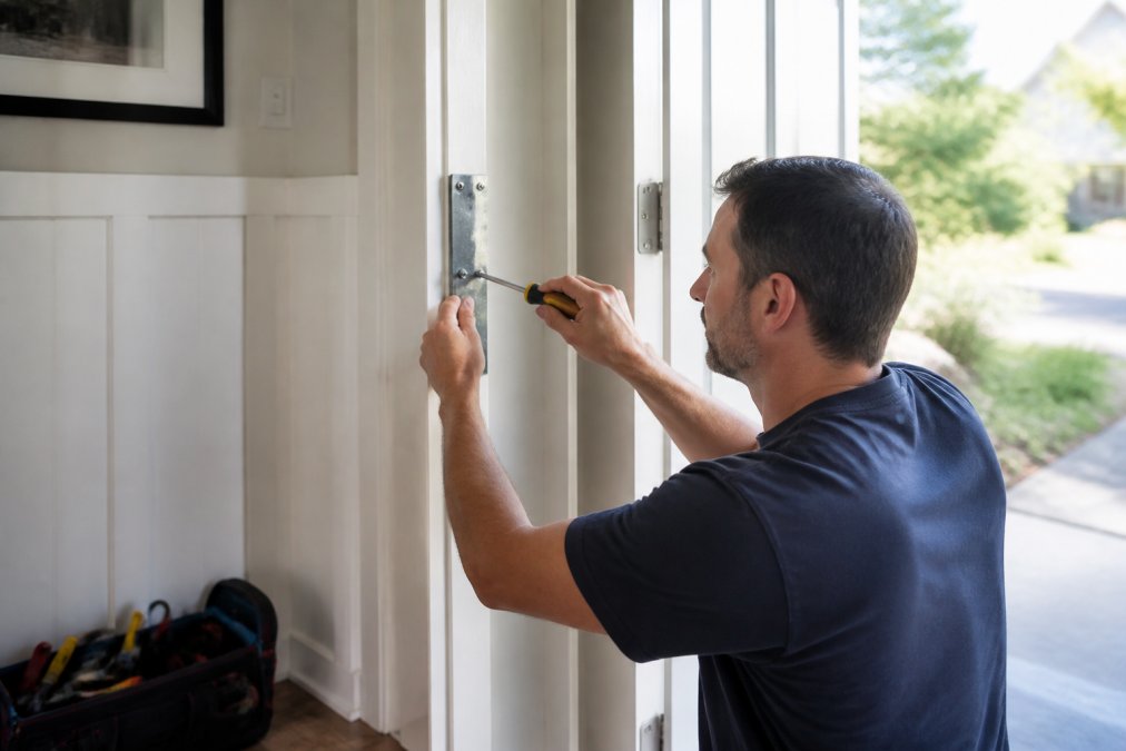 A homeowner's hands installing a galvanized steel reinforcement plate on an exterior door frame, screwdriver in hand, with the Door Armor Single Door Security Kit box visible on the floor nearby, bright daylight through a window