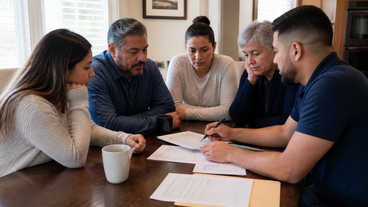 Family members and friends gathered around a table reviewing bail bond paperwork and financial documents in a home setting, natural afternoon lighting through windows