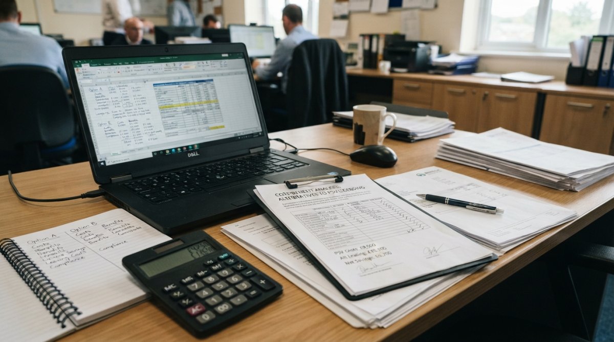 Transport manager reviewing compliance documents and vehicle fleet information on a desk with laptop and clipboard, representing planning and decision-making for selecting licensing alternatives