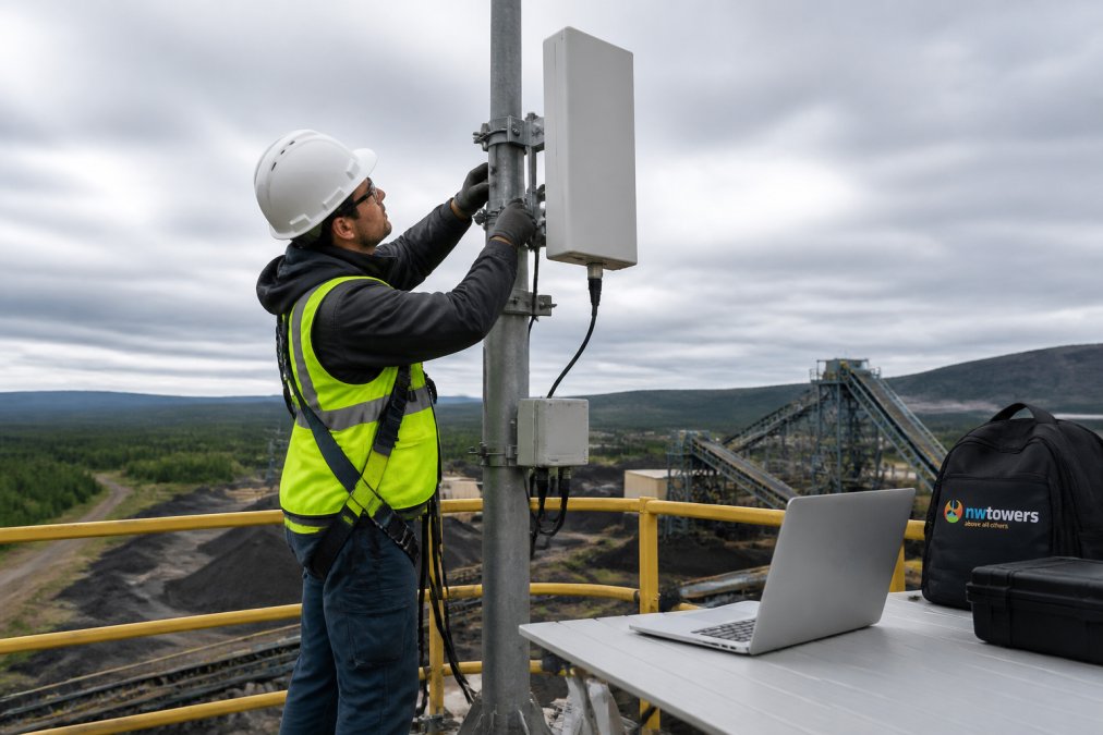 A technician in a hard hat and safety vest mounting a ruggedized antenna on a steel mast at a remote industrial site, laptop open on a folding table showing network configuration software, overcast daylight