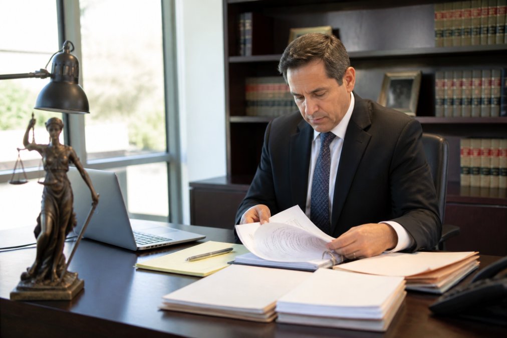 Professional criminal defense attorney reviewing case documents and legal files at desk with laptop, preparing domestic violence defense strategy in modern law office with natural lighting