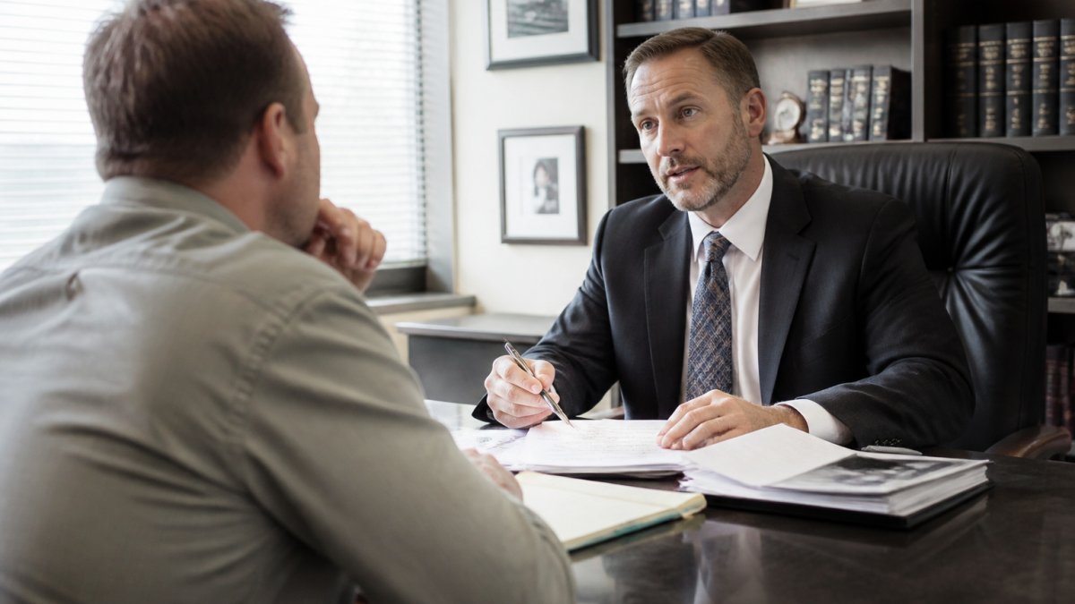 Professional attorney in modern law office discussing case strategy with client across desk, with legal documents and case files visible