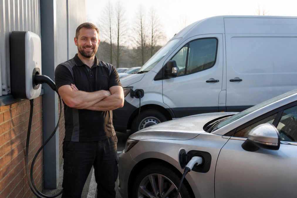 A small business owner in a branded work polo standing next to a wall-mounted EV charger in a tidy staff car park, with a van and a car plugged in, early morning light, realistic UK commercial setting