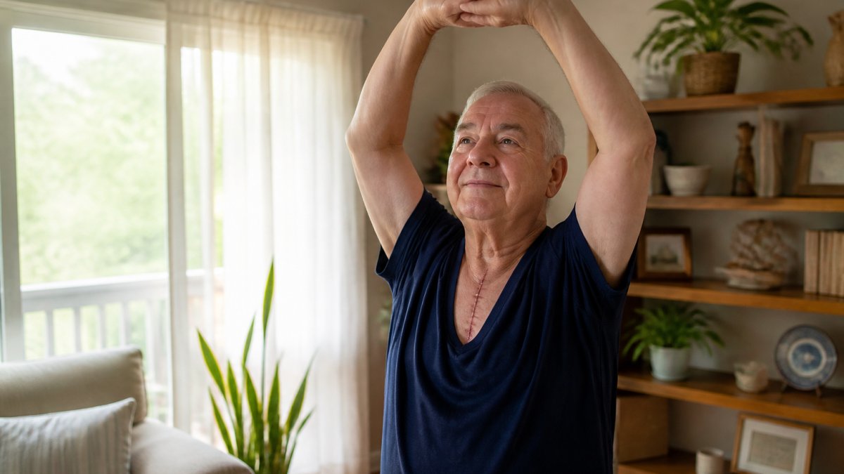 Person demonstrating safe arm movement within the body's midline during recovery, keeping elbows bent and arms close to chest in home setting with natural light