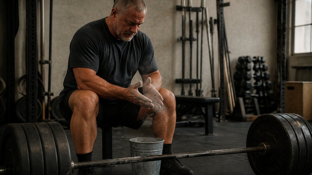 A man in his fifties in a heavyweight cotton t-shirt chalking his hands before a barbell lift in a plain independent gym, with a loaded bar and rubber flooring visible
