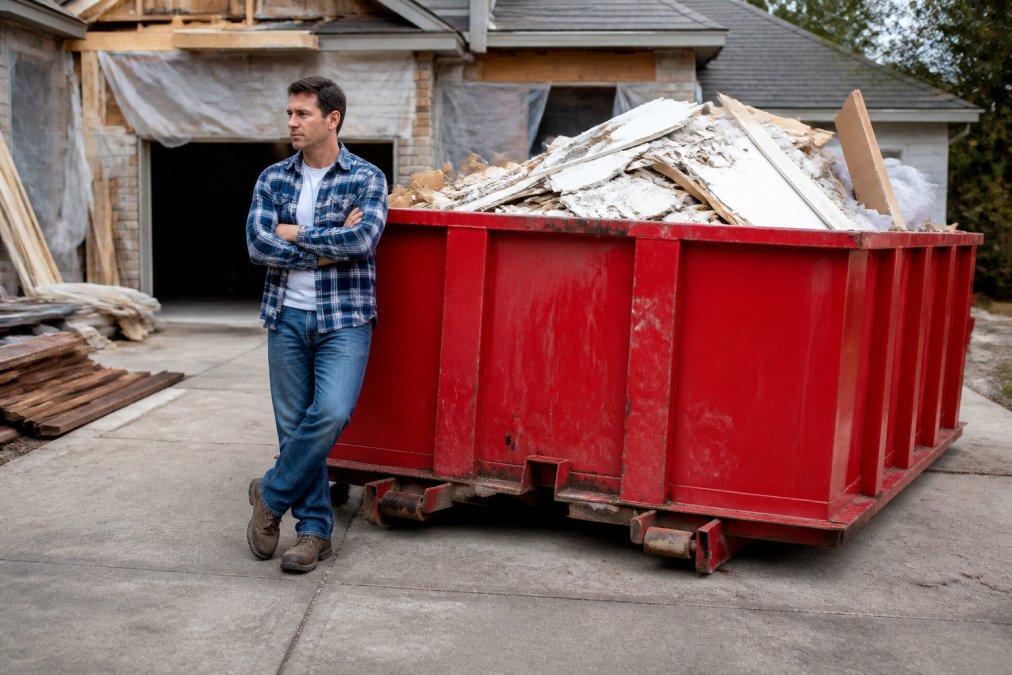 Homeowner standing beside a roll-off dumpster positioned in a residential driveway during active home renovation, with construction debris and building materials visible in the background, natural daylight
